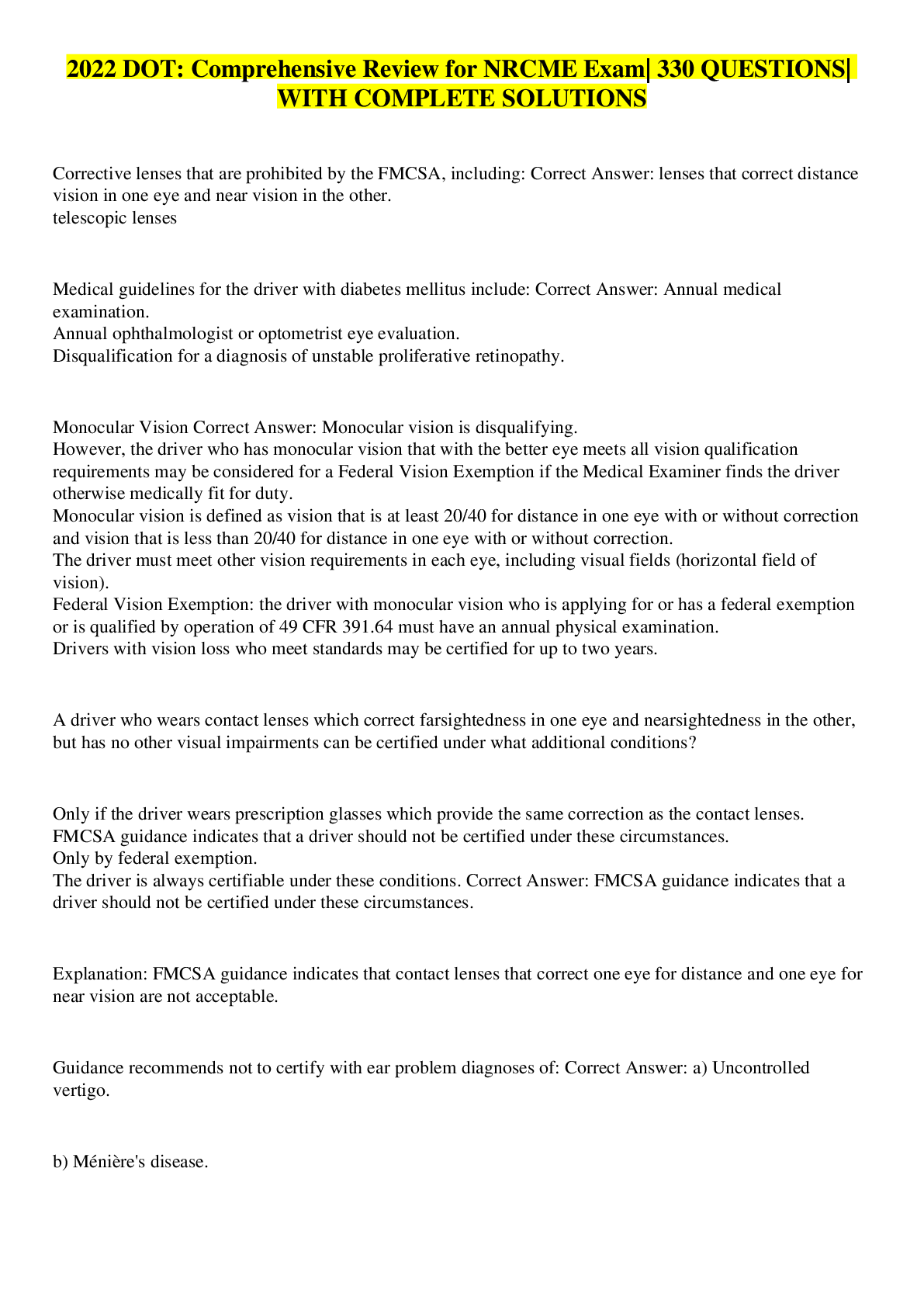 Preview image for 2022 DOT: Comprehensive Review for NRCME Exam| 330 QUESTIONS| WITH COMPLETE SOLUTIONS